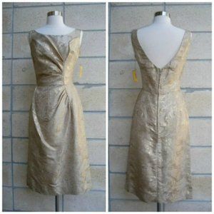 60s wiggle dress, Frederick's of Hollywood gold metallic cocktail dress, size S